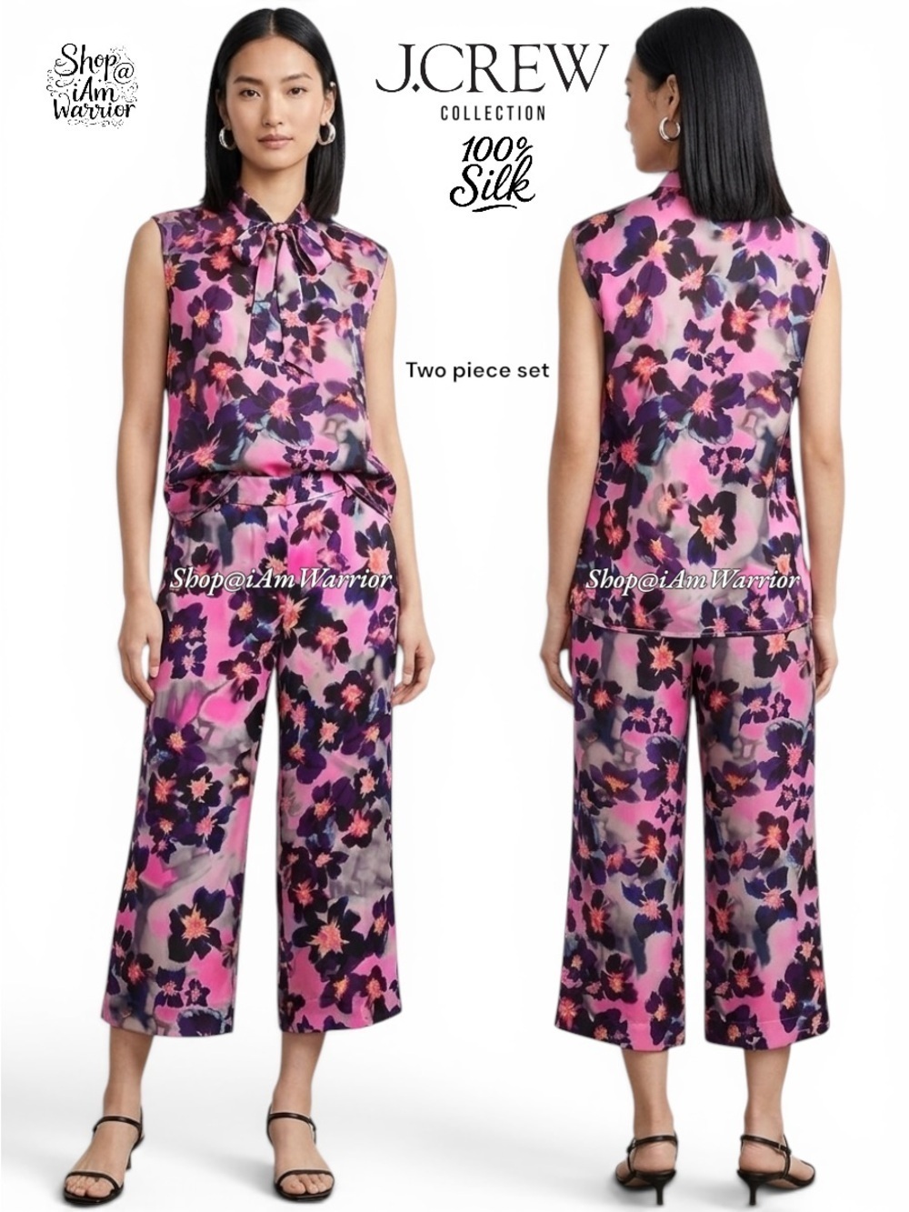 J.Crew Collection silk iris watercolor floral tieneck top+cropped wide leg pants